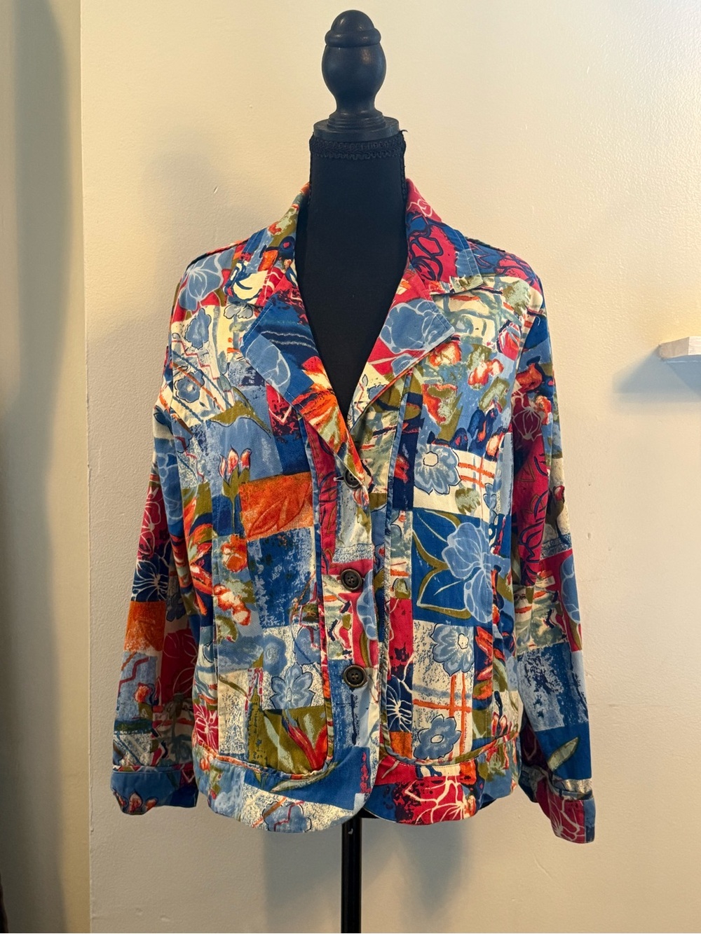 Women's Multicolor Patchwork Jean Jacket - Floral & Abstract